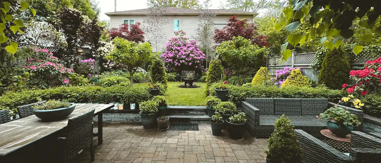 A brick-paved backyard patio with wicker seating, potted shrubs and a pink rhododendron in bloom at the end of a small lawn.